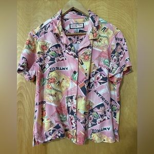 Jamaica Bay Postcard Print Hawaiian Shirt Women's L Coral Pink Short Sleeve
